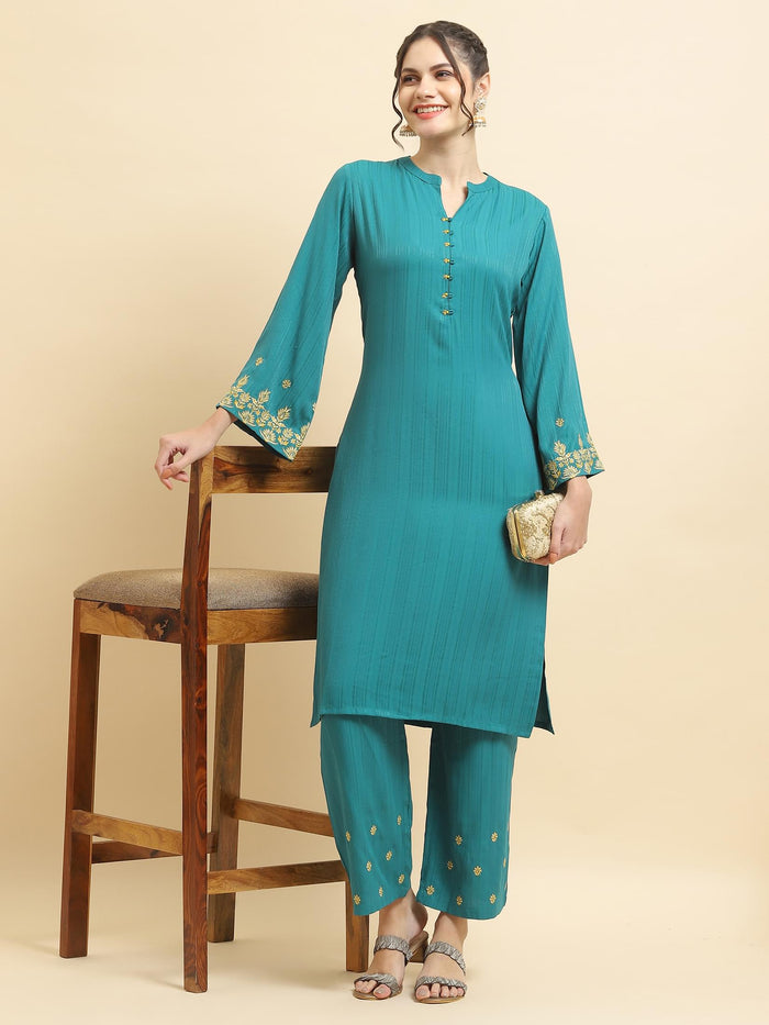 Women Poly Viscose Green Embroidered Kurta With Comfort Pant.