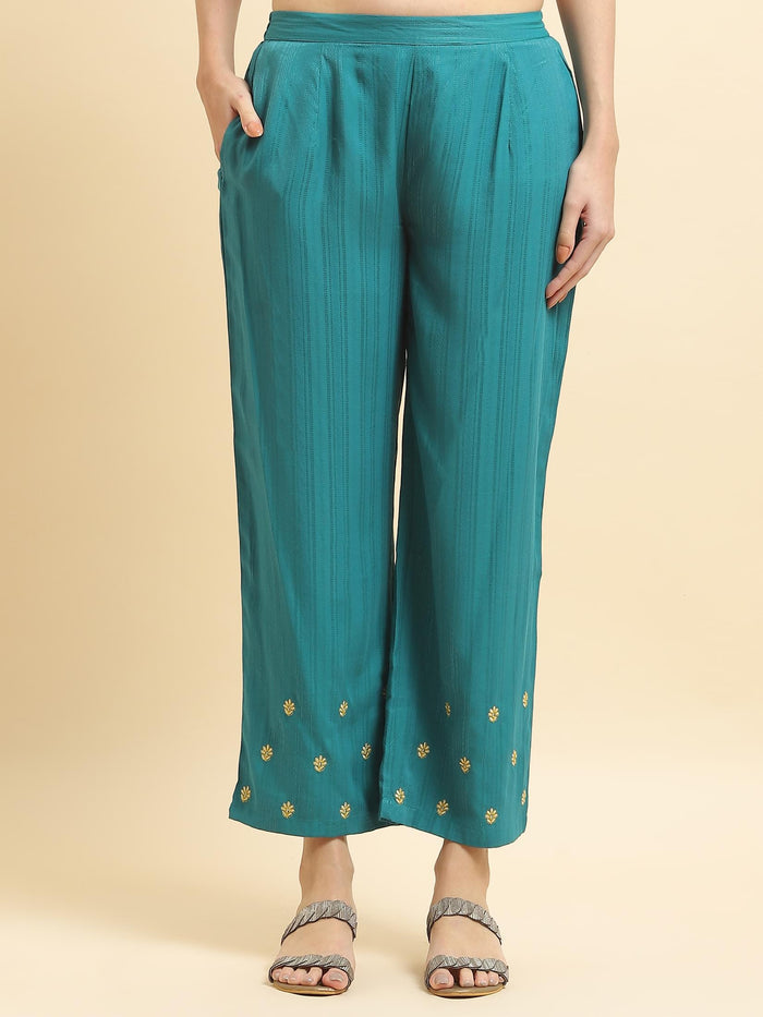 Women Poly Viscose Green Embroidered Kurta With Comfort Pant.