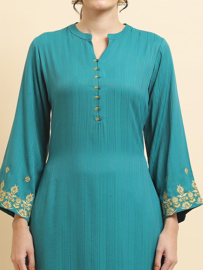 Women Poly Viscose Green Embroidered Kurta With Comfort Pant.
