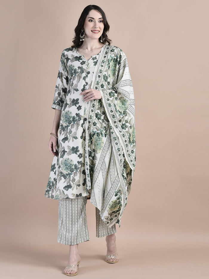 Women Poly Viscose Green Floral Print Kurta Comfort Pant Dupatta.