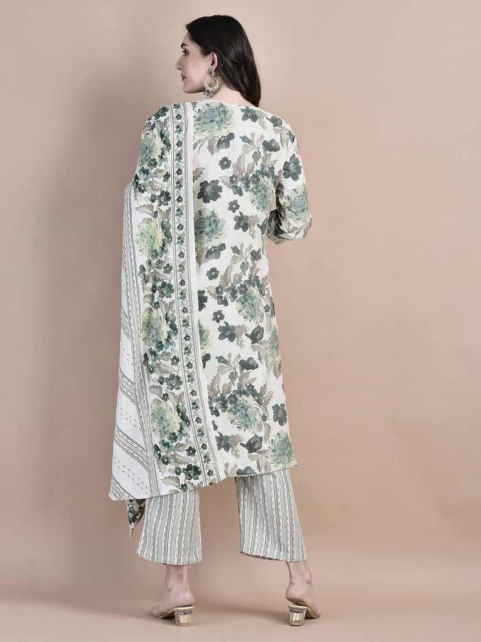 Women Poly Viscose Green Floral Print Kurta Comfort Pant Dupatta.