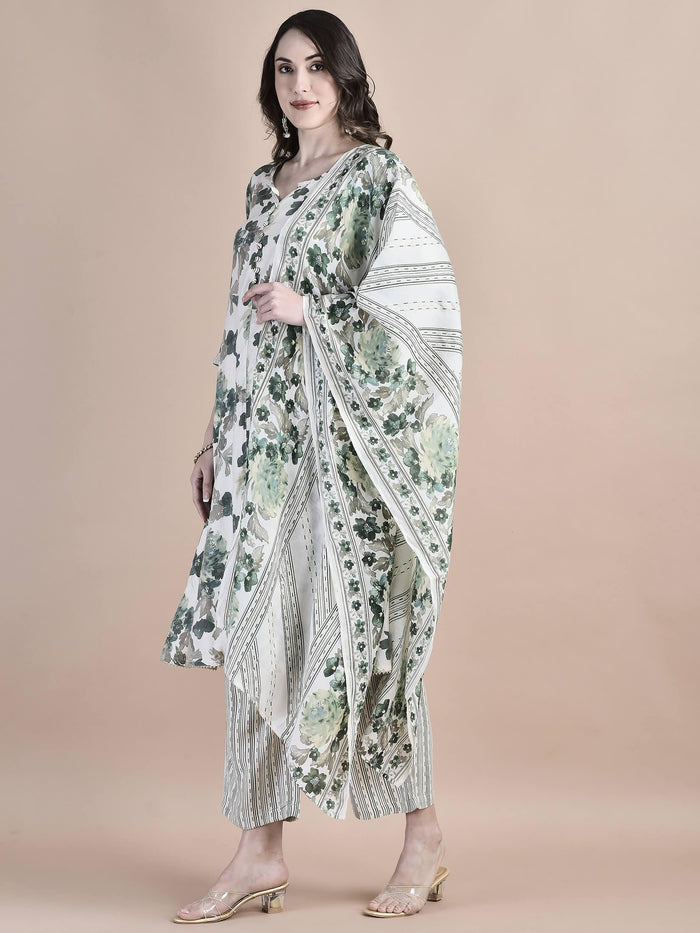 Women Poly Viscose Green Floral Print Kurta Comfort Pant Dupatta.