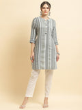Women Poly Viscose Grey Stripe Print Kurti.