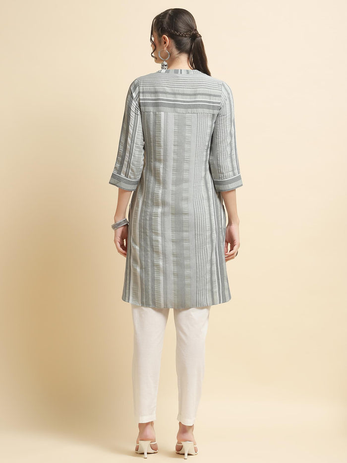 Women Poly Viscose Grey Stripe Print Kurti.