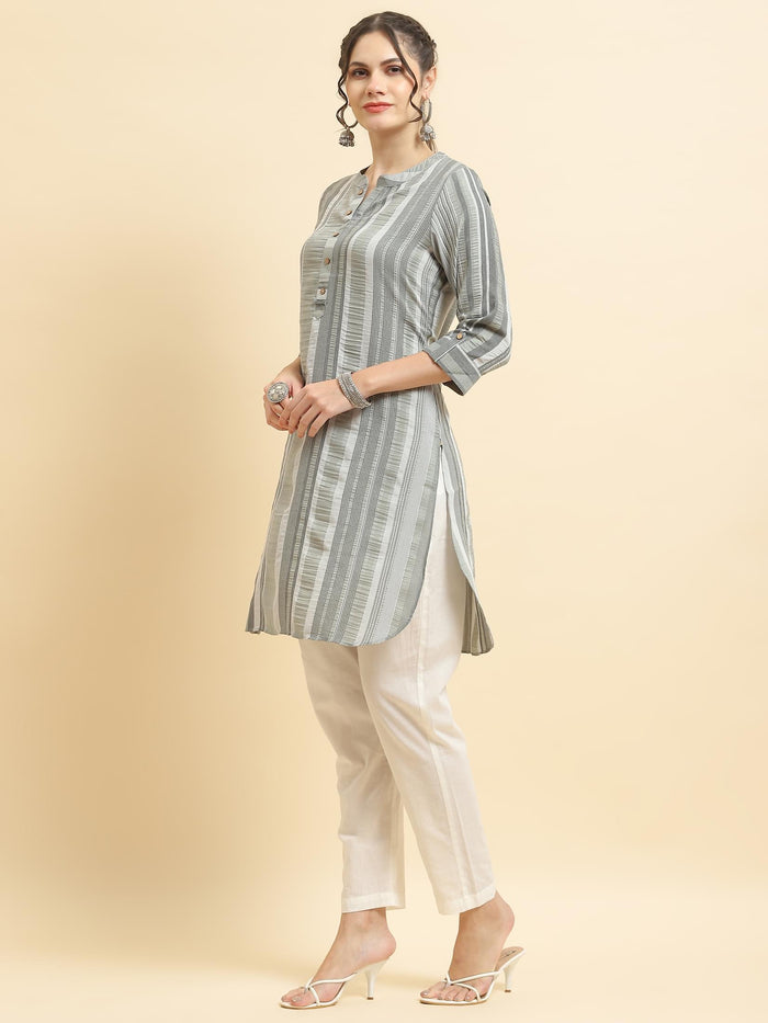 Women Poly Viscose Grey Stripe Print Kurti.