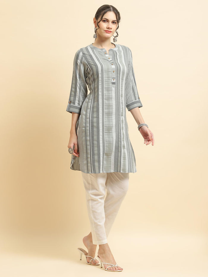 Women Poly Viscose Grey Stripe Print Kurti.
