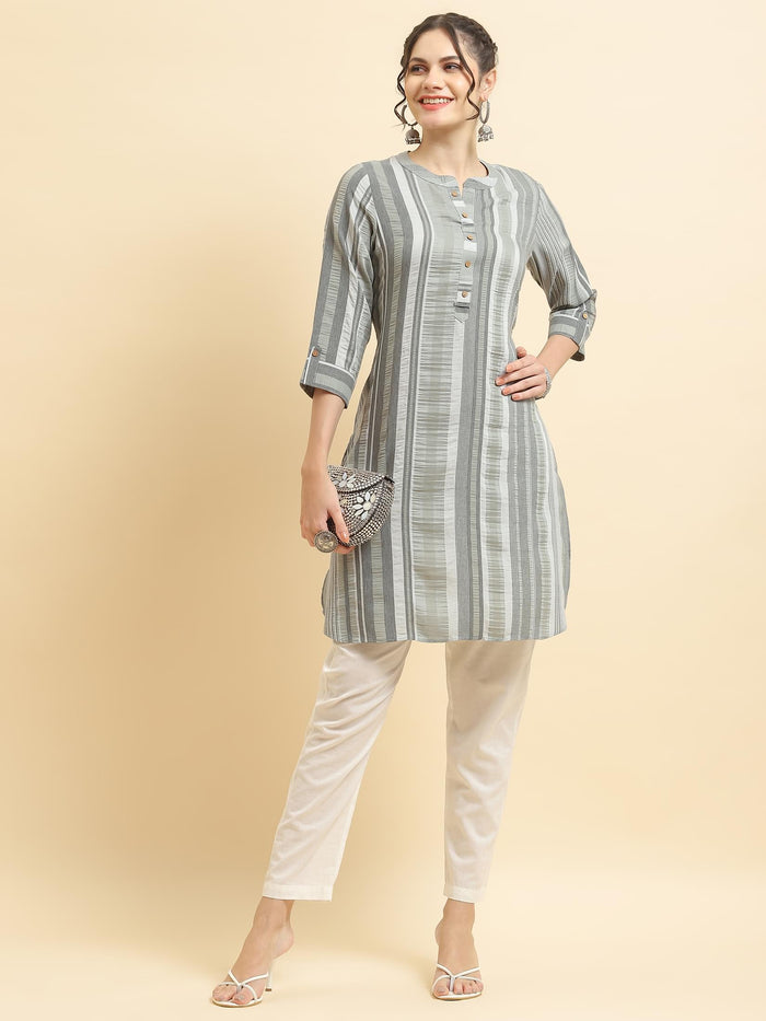 Women Poly Viscose Grey Stripe Print Kurti.