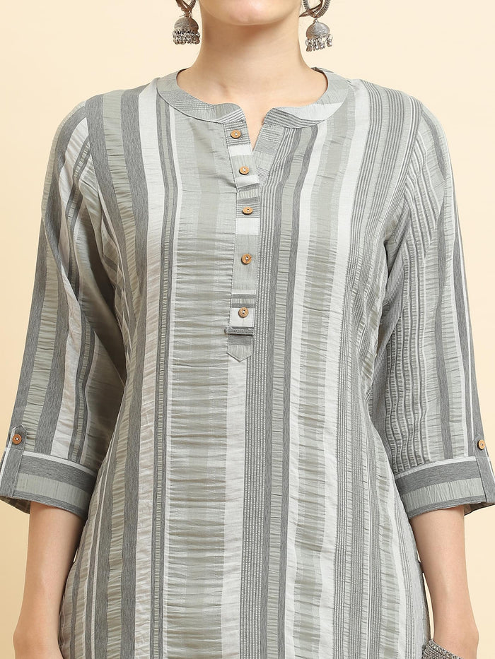 Women Poly Viscose Grey Stripe Print Kurti.
