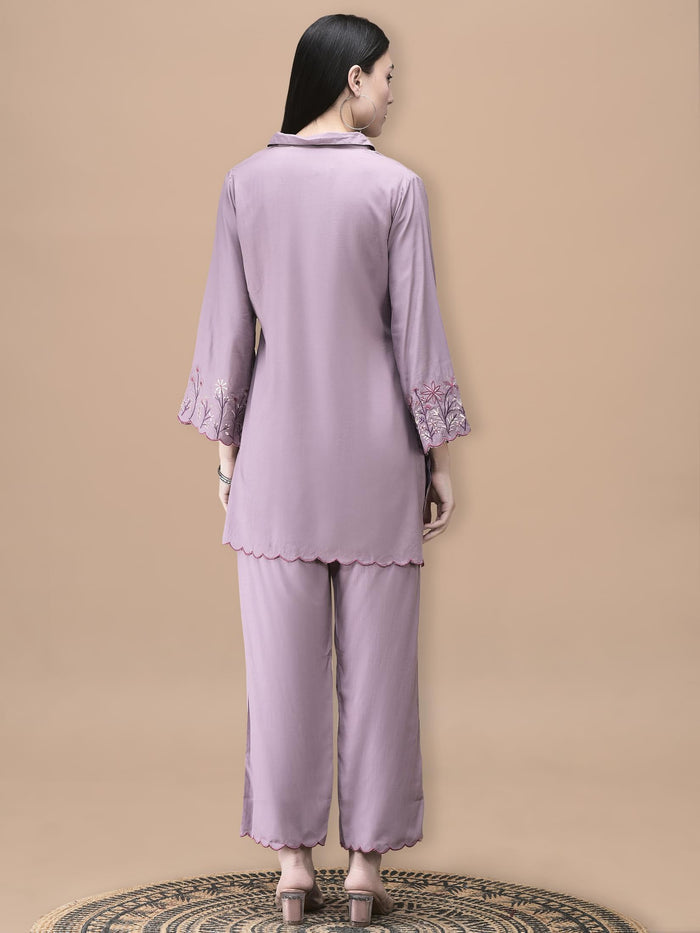 Women Poly Viscose Lilac Embroidered Co-Ord Set.