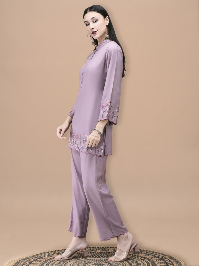 Women Poly Viscose Lilac Embroidered Co-Ord Set.