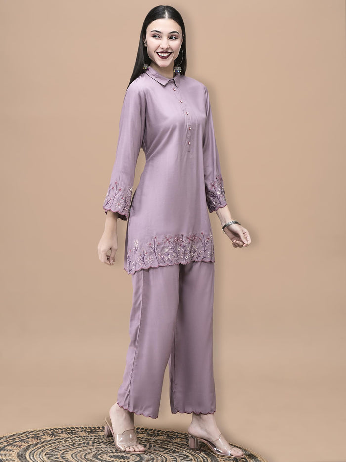 Women Poly Viscose Lilac Embroidered Co-Ord Set.