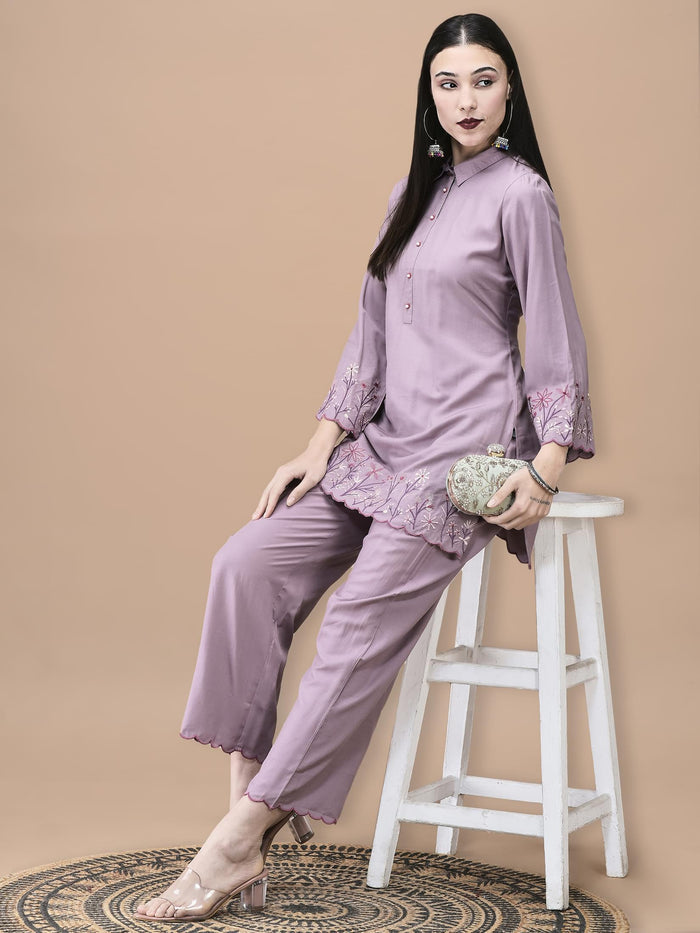 Women Poly Viscose Lilac Embroidered Co-Ord Set.