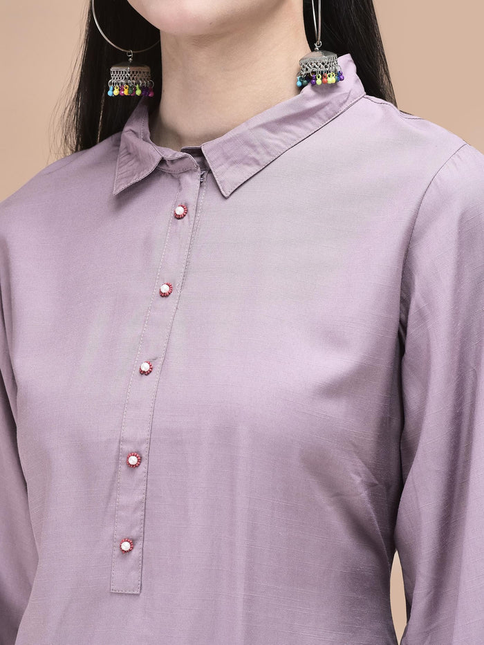 Women Poly Viscose Lilac Embroidered Co-Ord Set.