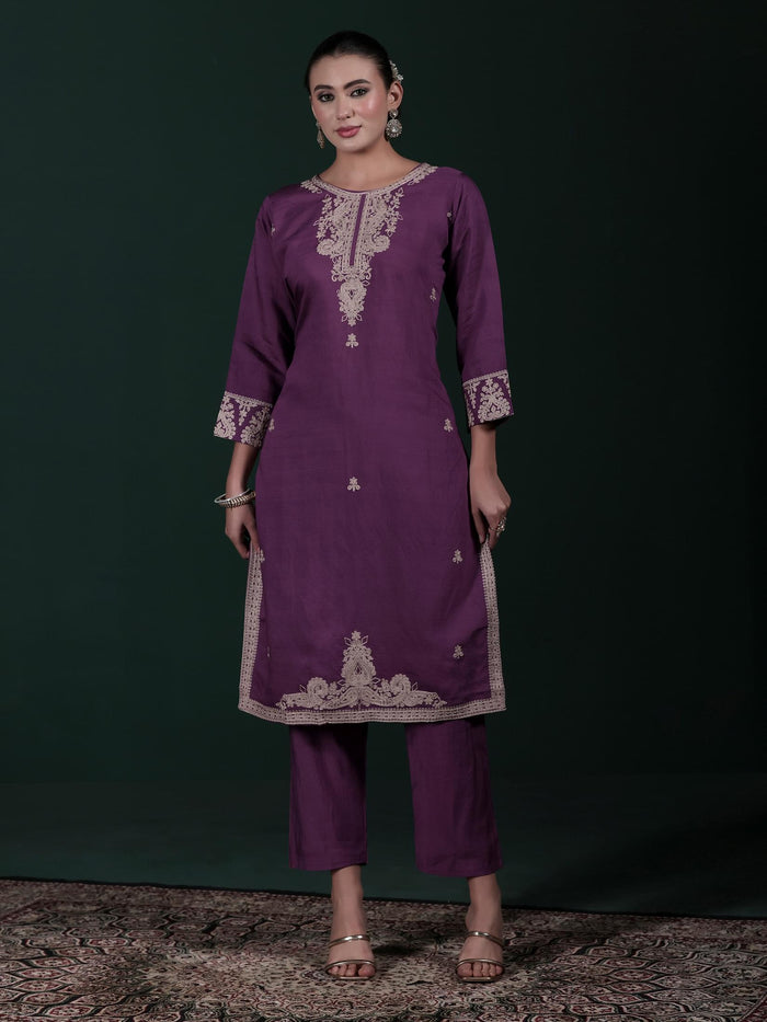 Women Poly Viscose Lilac Embroidered Kurta Comfort Pant Dupatta.
