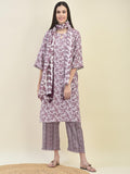 Women Poly Viscose Lilac Floral Print Kurta Comfort Pant Dupatta.