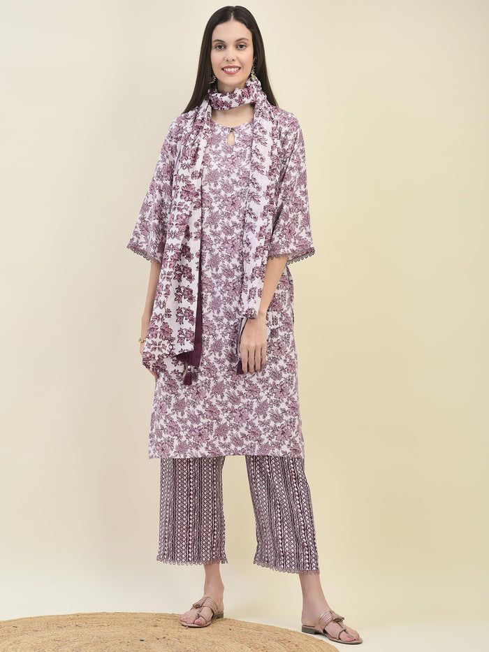 Women Poly Viscose Lilac Floral Print Kurta Comfort Pant Dupatta.