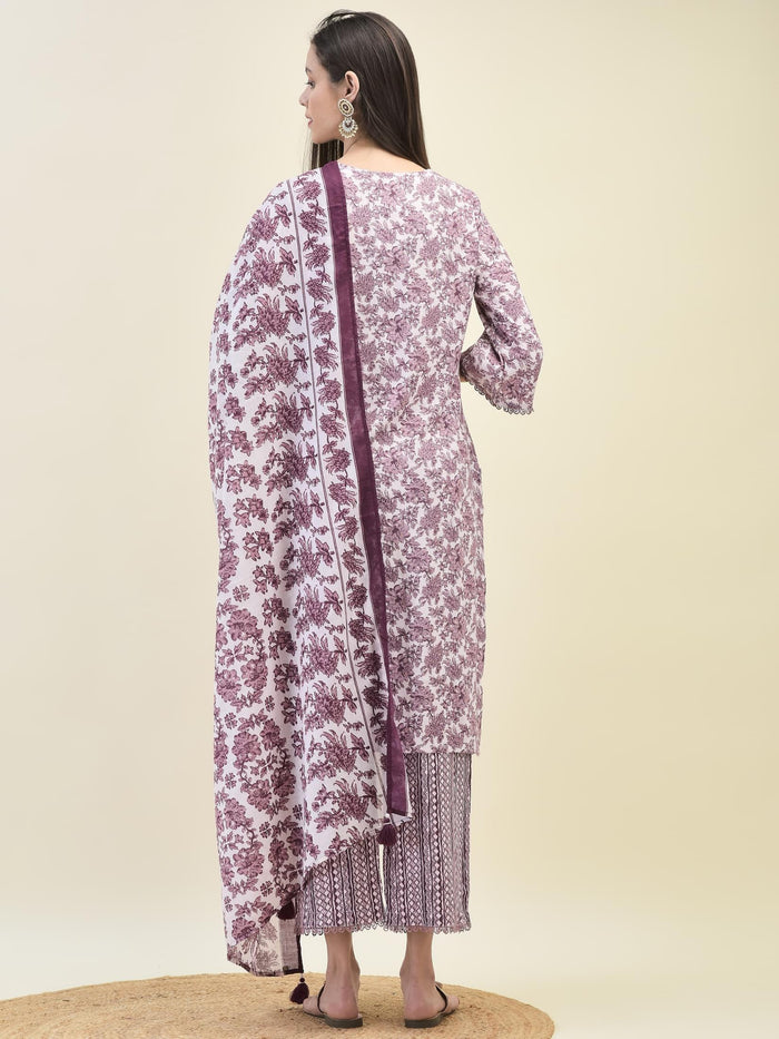 Women Poly Viscose Lilac Floral Print Kurta Comfort Pant Dupatta.