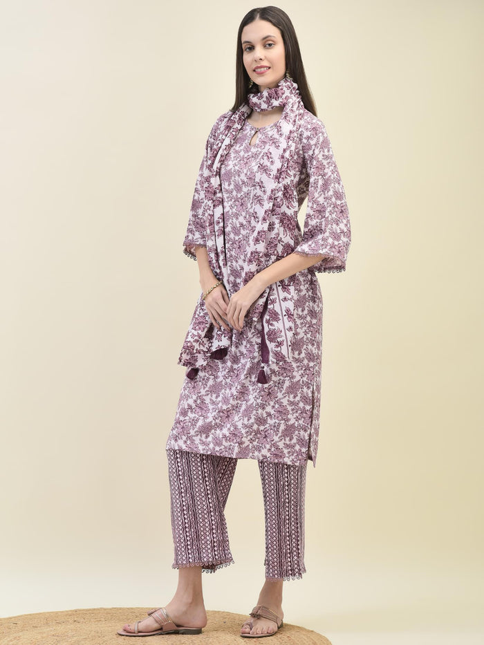 Women Poly Viscose Lilac Floral Print Kurta Comfort Pant Dupatta.