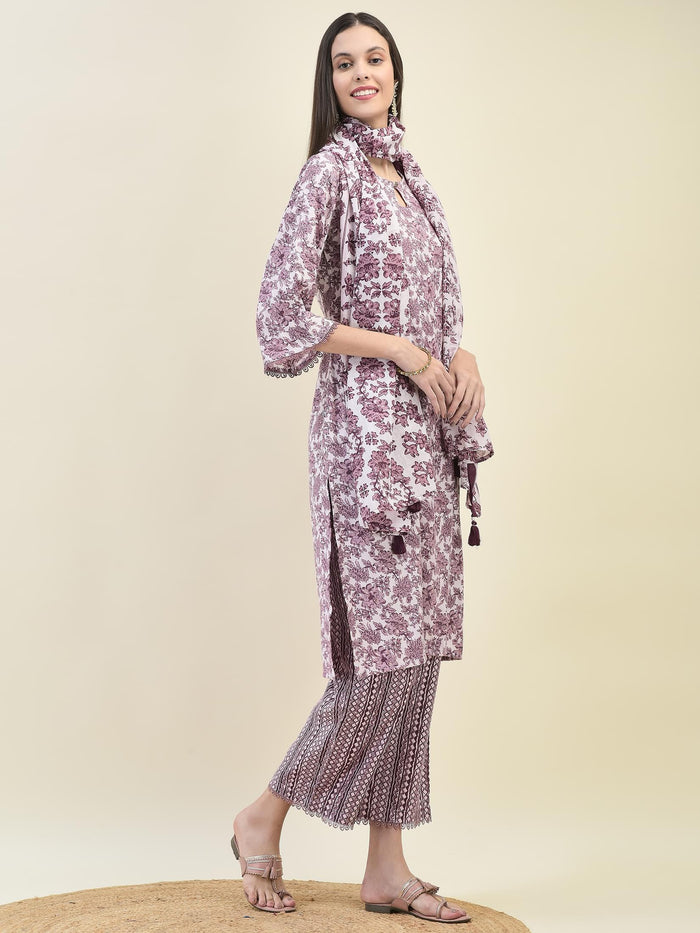 Women Poly Viscose Lilac Floral Print Kurta Comfort Pant Dupatta.