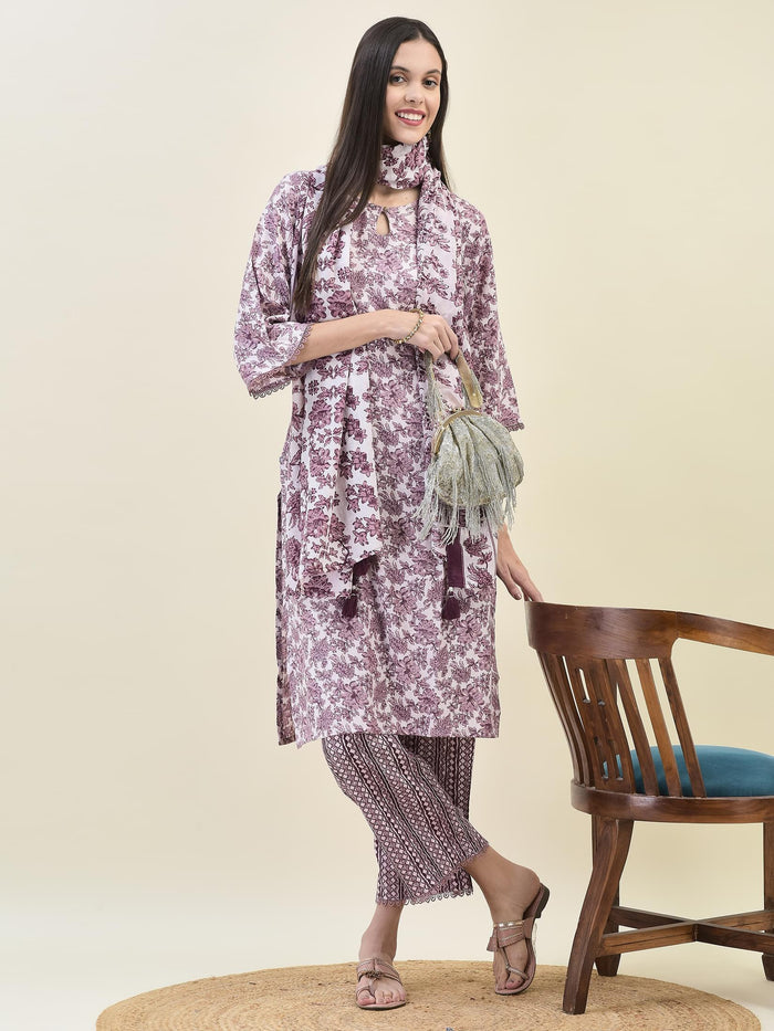 Women Poly Viscose Lilac Floral Print Kurta Comfort Pant Dupatta.