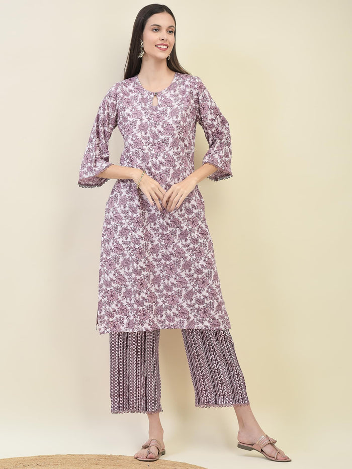 Women Poly Viscose Lilac Floral Print Kurta Comfort Pant Dupatta.