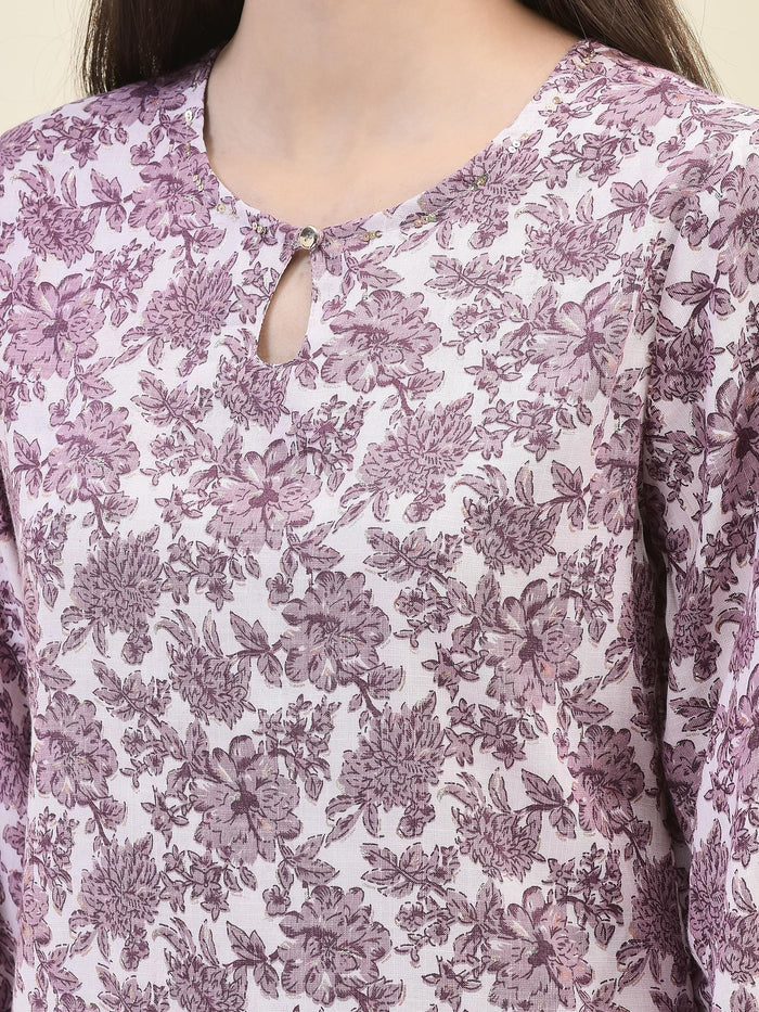 Women Poly Viscose Lilac Floral Print Kurta Comfort Pant Dupatta.