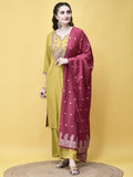 Women Poly Viscose Lime Embroidered Kurta Comfort Pant Dupatta.