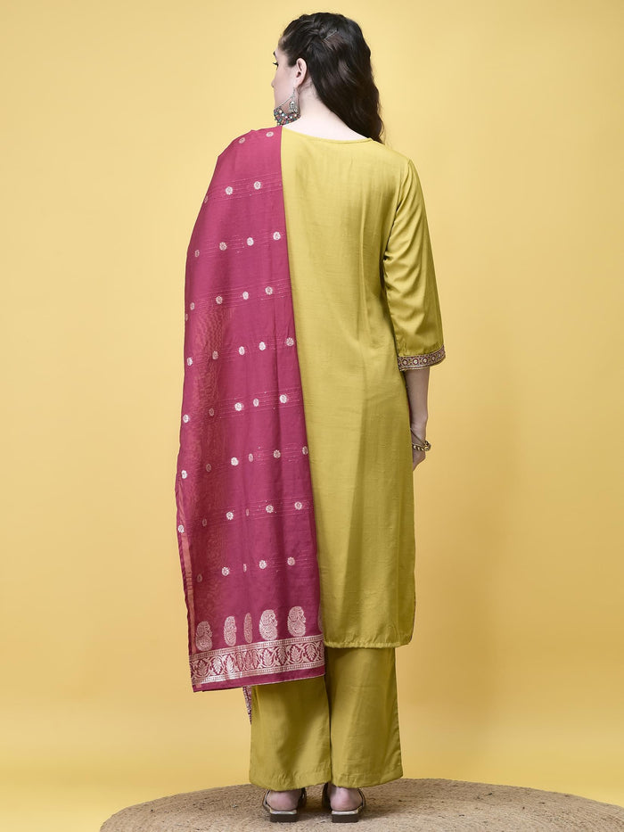 Women Poly Viscose Lime Embroidered Kurta Comfort Pant Dupatta.