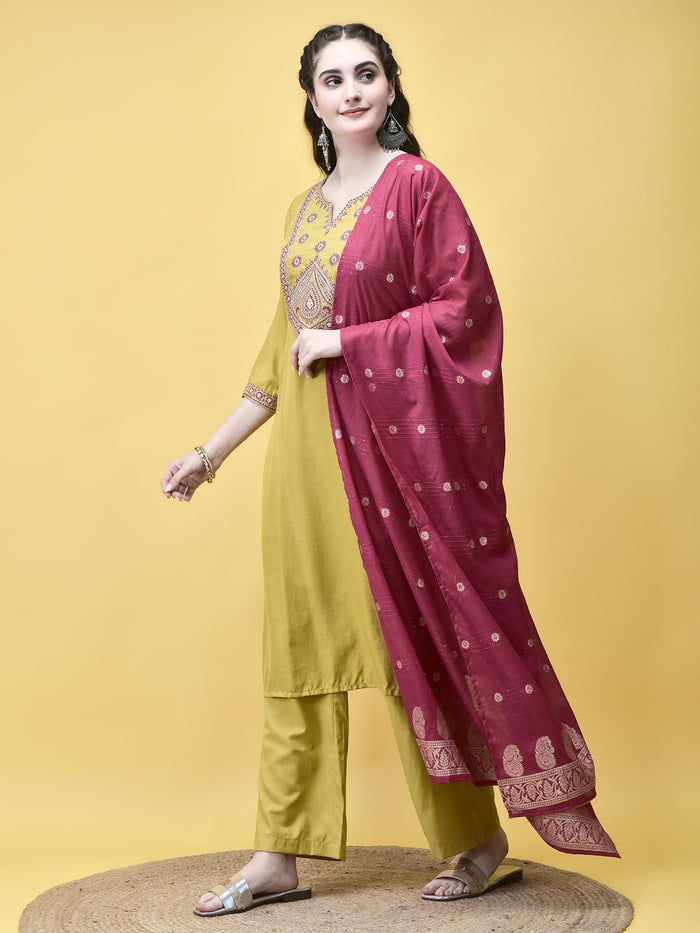 Women Poly Viscose Lime Embroidered Kurta Comfort Pant Dupatta.