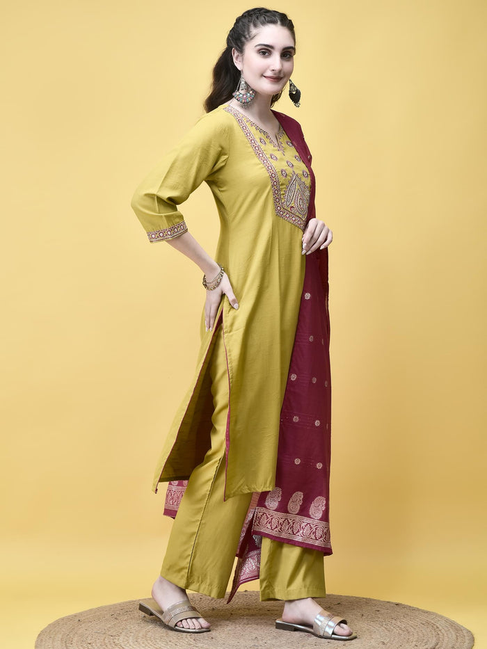 Women Poly Viscose Lime Embroidered Kurta Comfort Pant Dupatta.