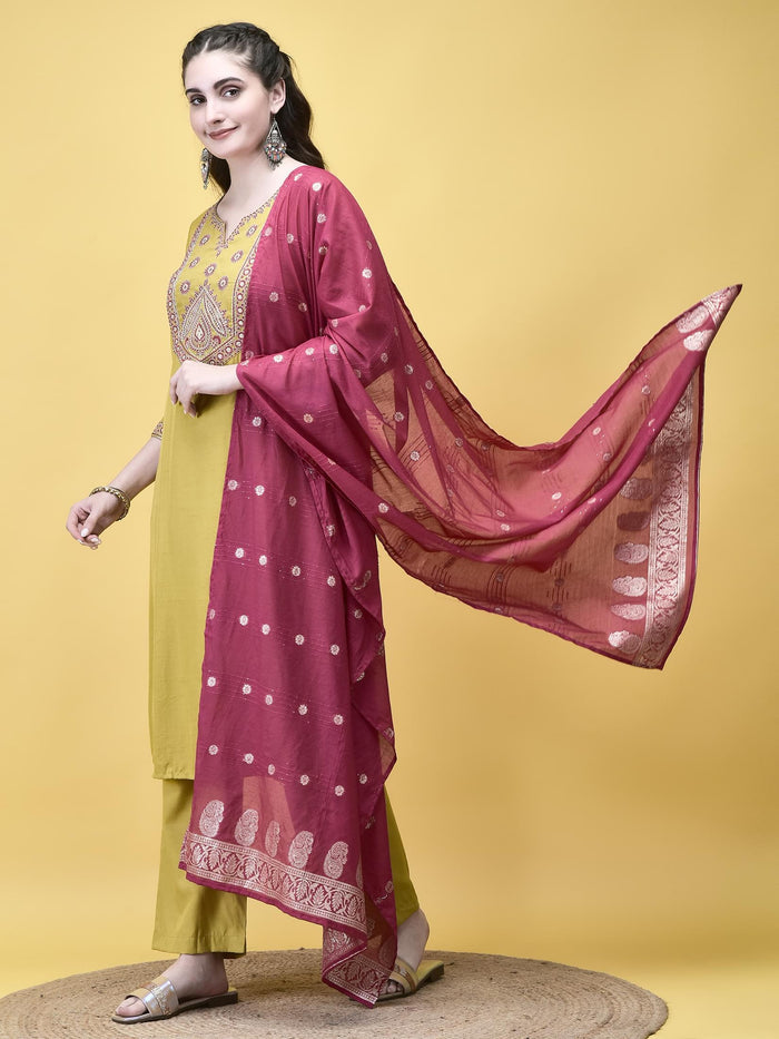 Women Poly Viscose Lime Embroidered Kurta Comfort Pant Dupatta.