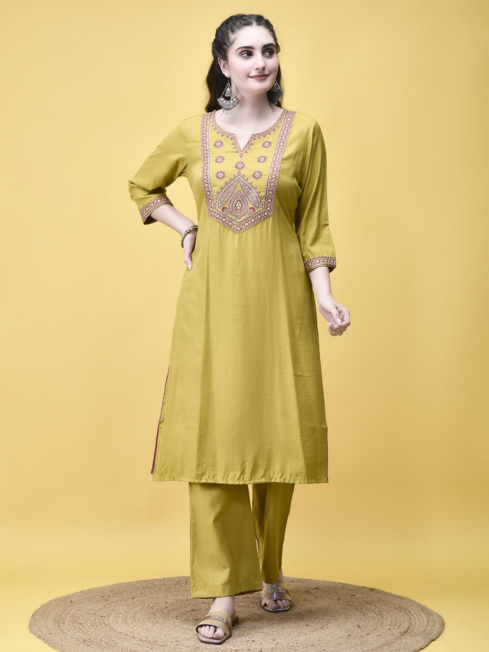 Women Poly Viscose Lime Embroidered Kurta Comfort Pant Dupatta.