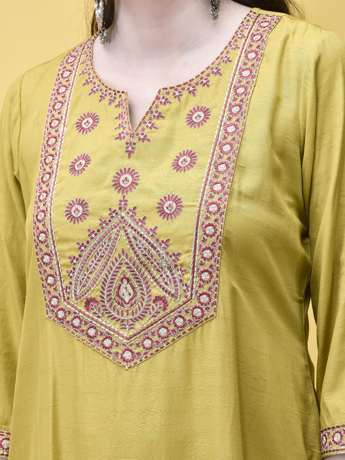 Women Poly Viscose Lime Embroidered Kurta Comfort Pant Dupatta.