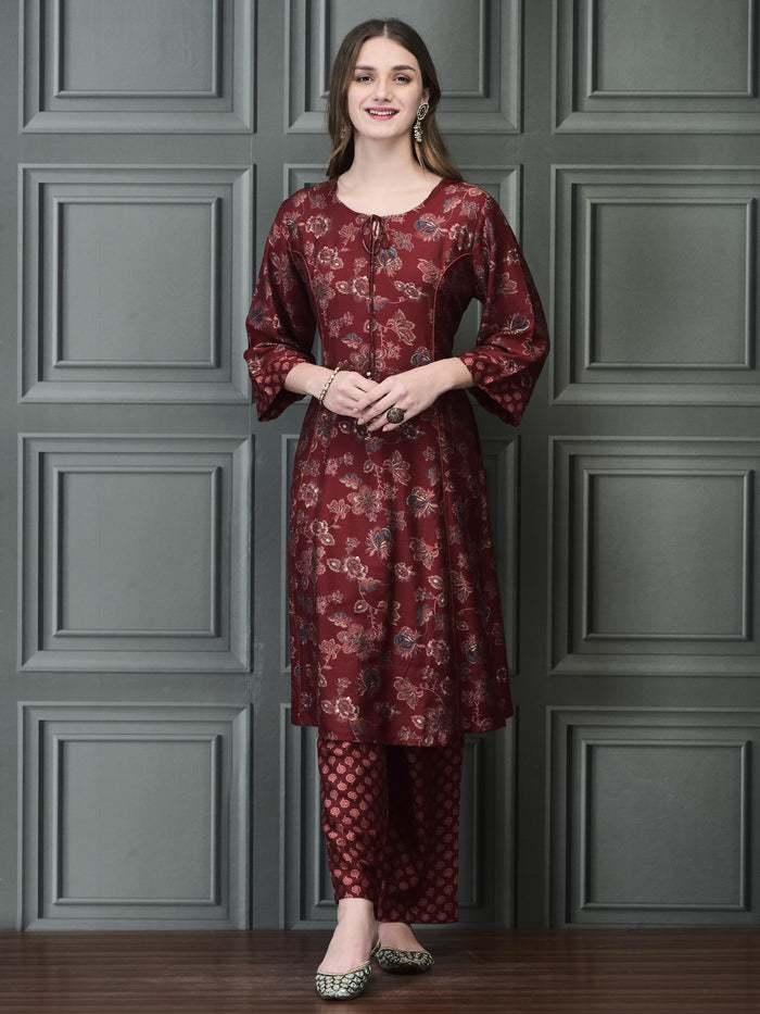 Women Poly Viscose Maroon Calico Print Kurta Comfort Pant Chanderi Dupatta.