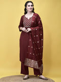 Women Poly Viscose Maroon Embroidered Kurta Comfort Pant Chanderi Dupatta.