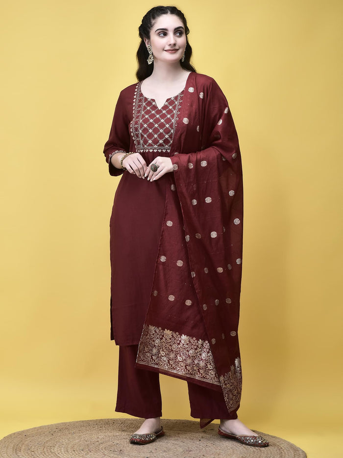 Women Poly Viscose Maroon Embroidered Kurta Comfort Pant Chanderi Dupatta.