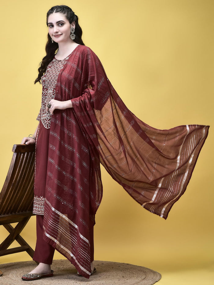 Women Poly Viscose Maroon Embroidered Kurta Comfort Pant Chanderi Dupatta.
