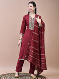 Women Poly Viscose Maroon Embroidered Kurta Comfort Pant Chanderi Dupatta.