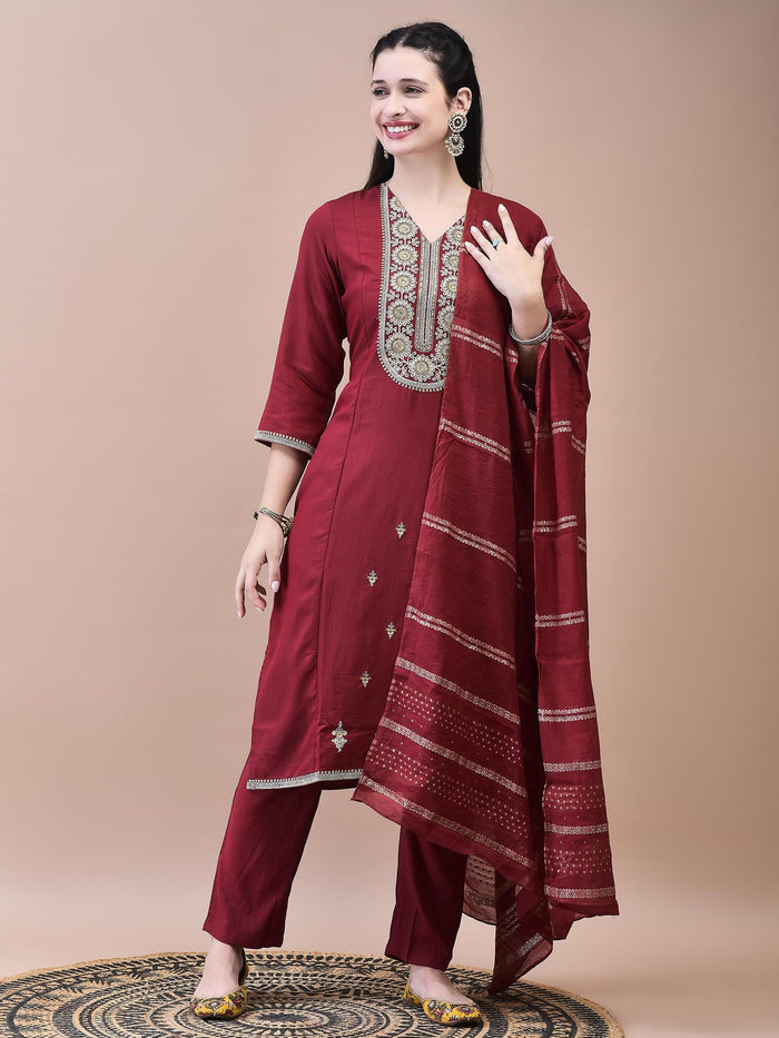 Women Poly Viscose Maroon Embroidered Kurta Comfort Pant Chanderi Dupatta.