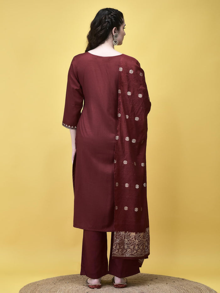 Women Poly Viscose Maroon Embroidered Kurta Comfort Pant Chanderi Dupatta.