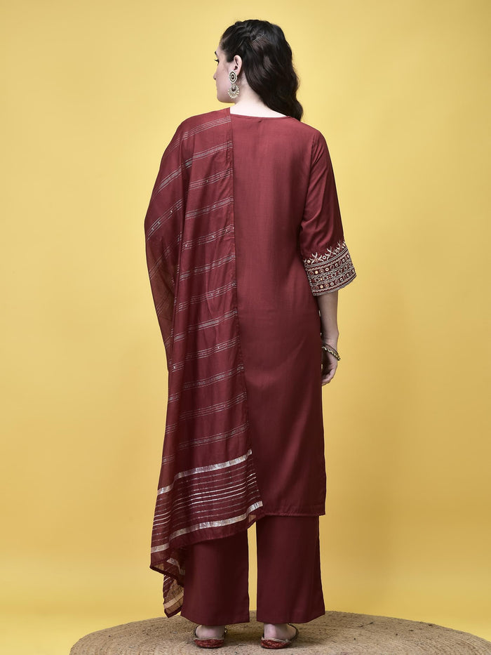 Women Poly Viscose Maroon Embroidered Kurta Comfort Pant Chanderi Dupatta.