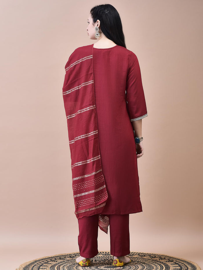 Women Poly Viscose Maroon Embroidered Kurta Comfort Pant Chanderi Dupatta.