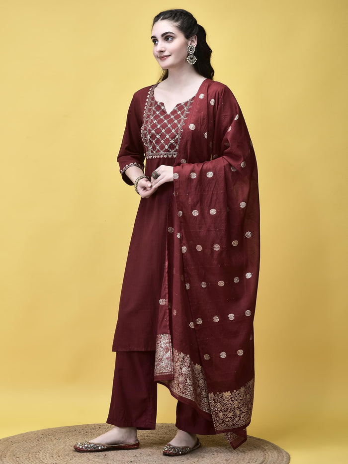 Women Poly Viscose Maroon Embroidered Kurta Comfort Pant Chanderi Dupatta.