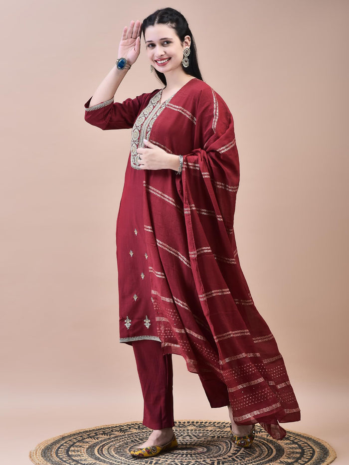 Women Poly Viscose Maroon Embroidered Kurta Comfort Pant Chanderi Dupatta.