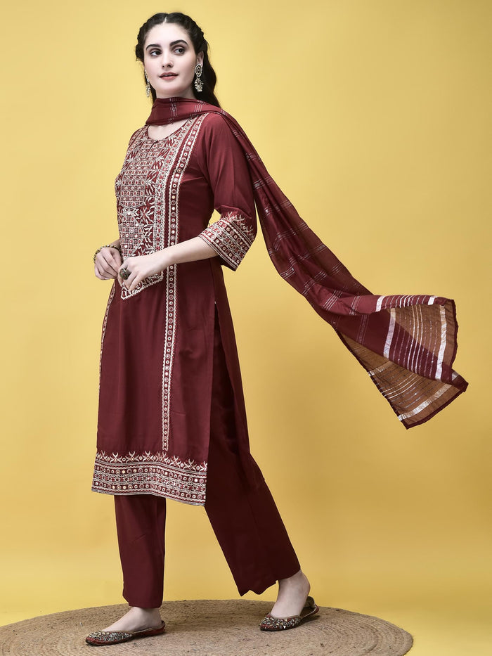Women Poly Viscose Maroon Embroidered Kurta Comfort Pant Chanderi Dupatta.