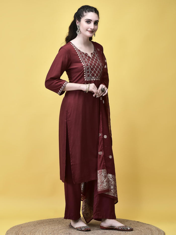 Women Poly Viscose Maroon Embroidered Kurta Comfort Pant Chanderi Dupatta.