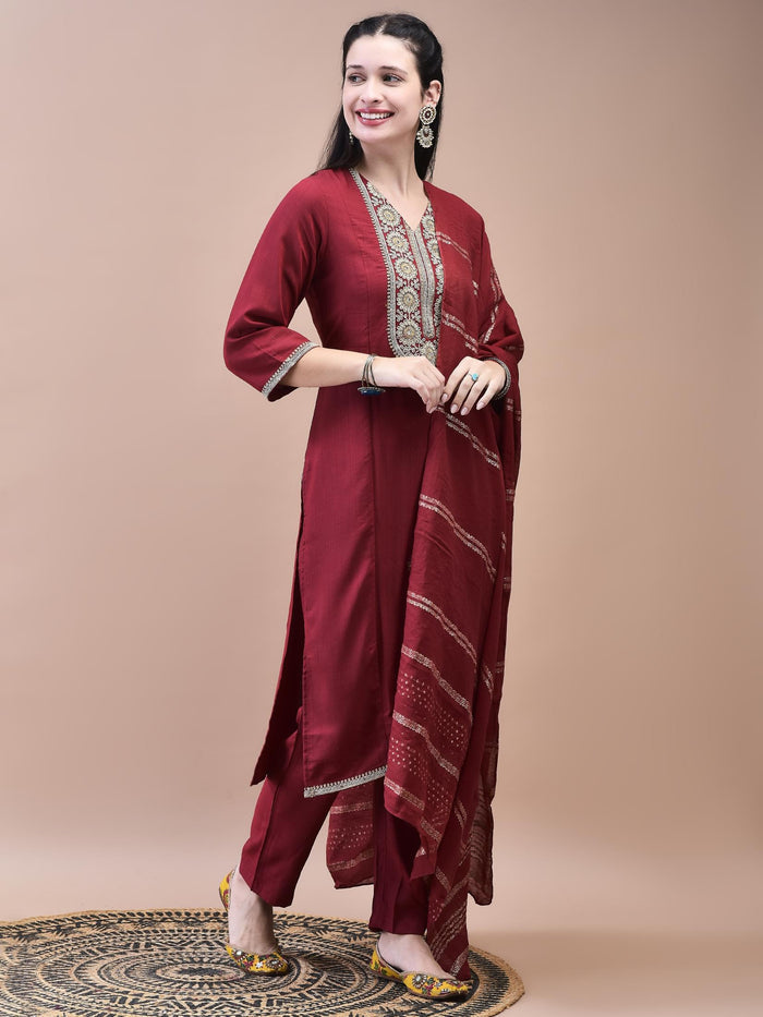 Women Poly Viscose Maroon Embroidered Kurta Comfort Pant Chanderi Dupatta.