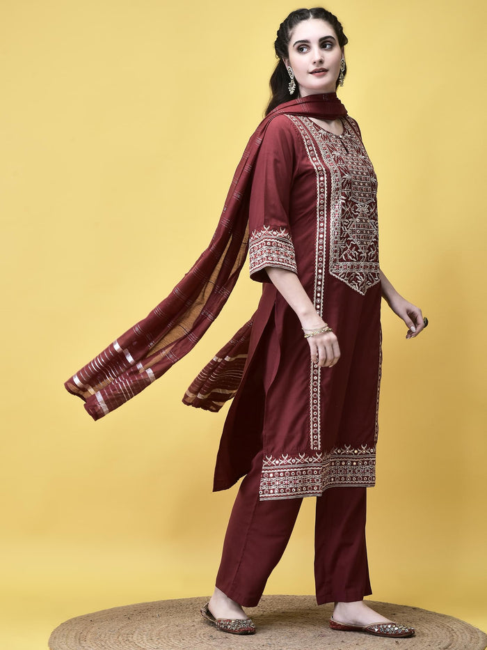 Women Poly Viscose Maroon Embroidered Kurta Comfort Pant Chanderi Dupatta.