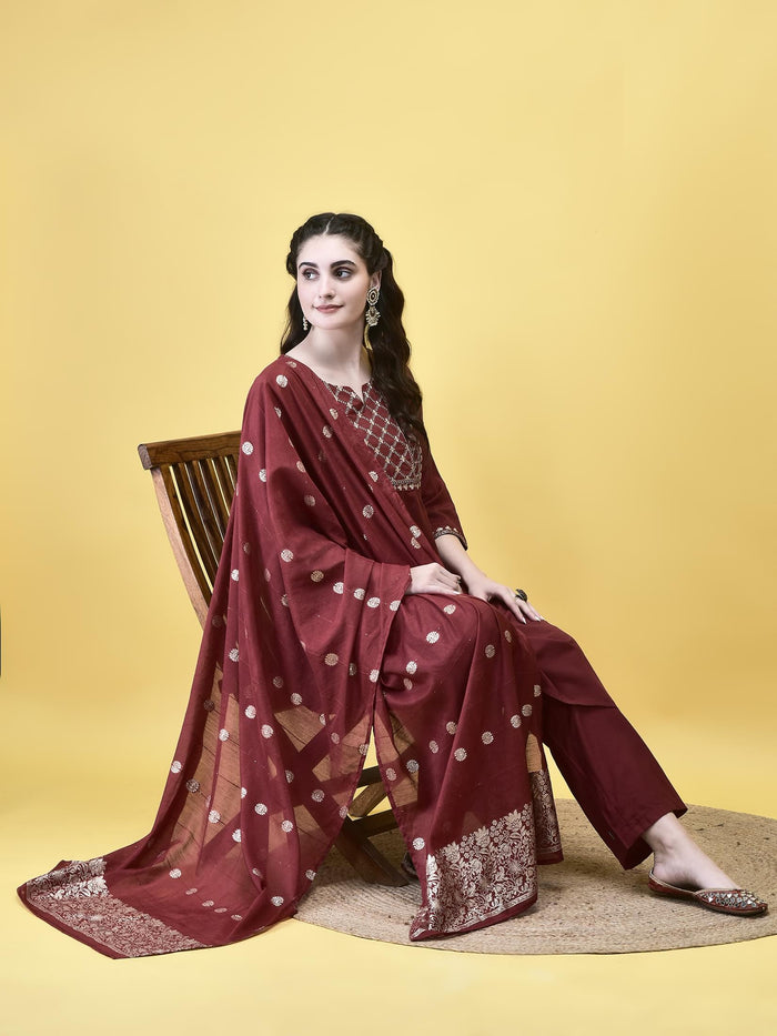 Women Poly Viscose Maroon Embroidered Kurta Comfort Pant Chanderi Dupatta.