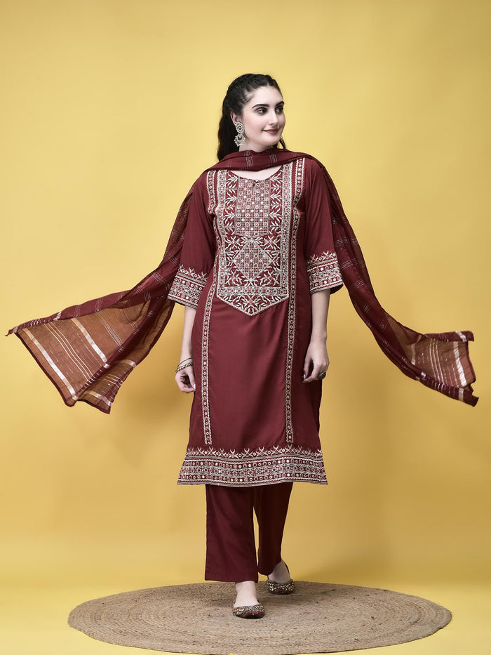 Women Poly Viscose Maroon Embroidered Kurta Comfort Pant Chanderi Dupatta.